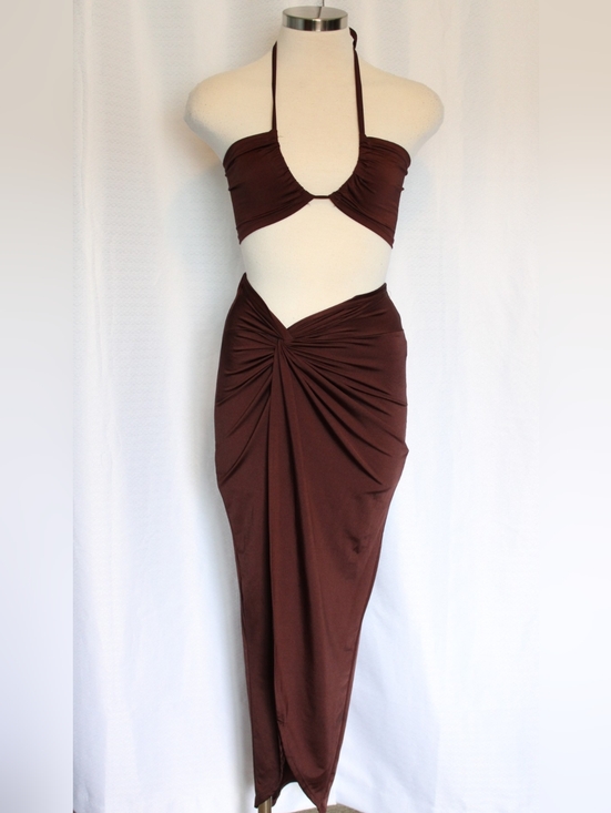 SHEIN Dresses & Skirts - SHEIN Brown Ruched Halter 2 Piece Set XS Split Skirt